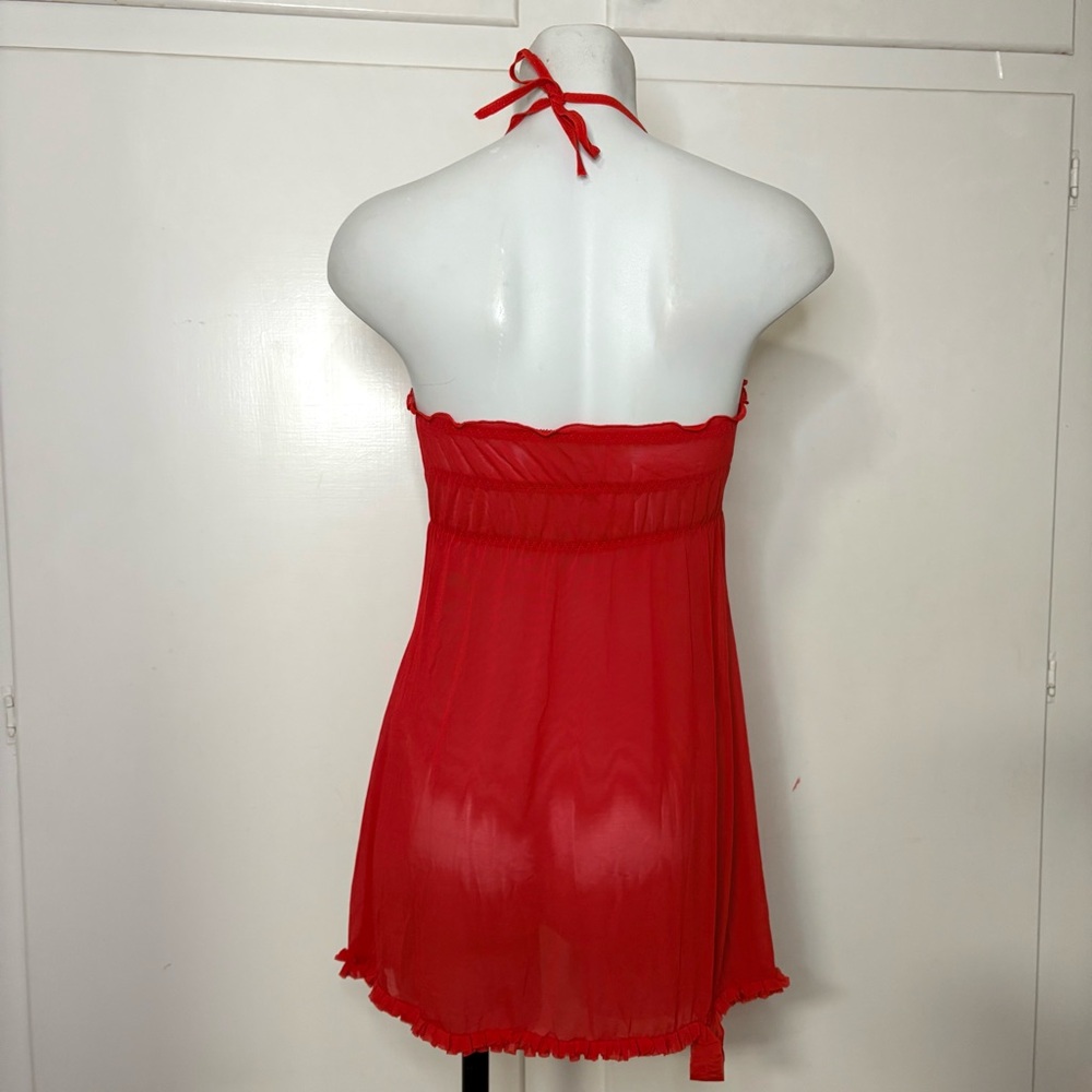 Red Split Front Babydoll Ruffled Mesh Halter Lingerie - Picture 5 of 7